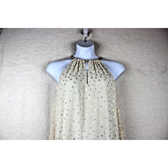 Michael Kors Size XS Beige Gold Print Hi Low Halter Dress Chain Collar - Picture 3 of 13
